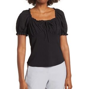 Black Sheer Plaid Overlay Bodice Babydoll Short Sleeve Blouse With Bow